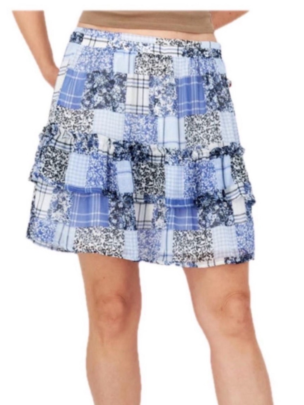 Tommy Hilfiger Blue and White Patchwork Ruffle Mini Skirt Size Large NWOT